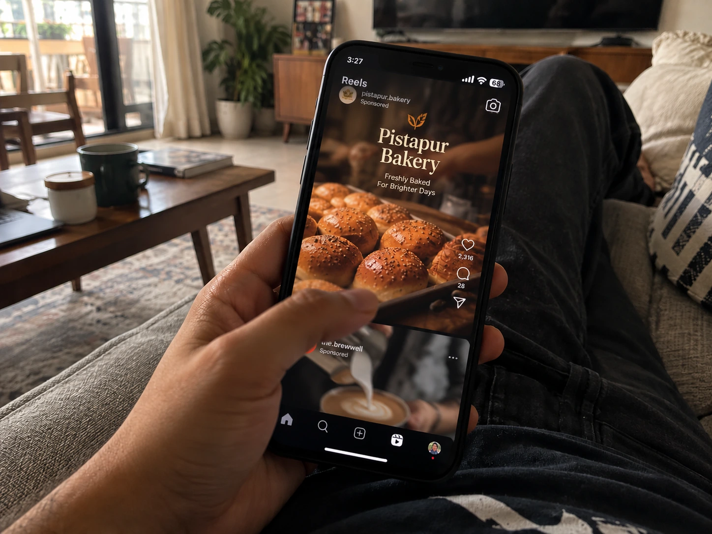 A hand holding a phone, scrolling a social media feed.