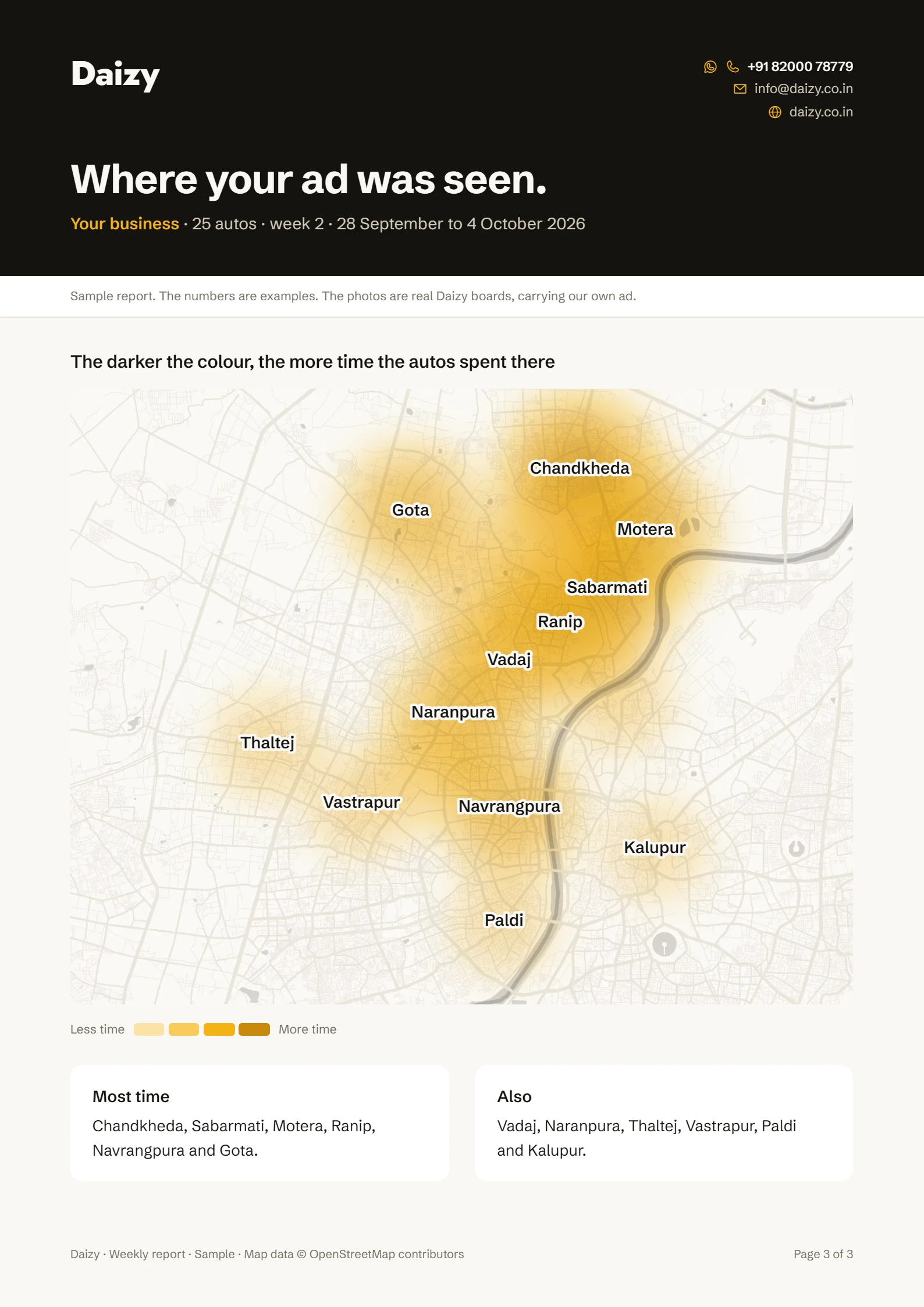 Page three of a sample Daizy weekly report: a map of north and west Ahmedabad shaded by where the autos spent the most time, with the areas named below it.